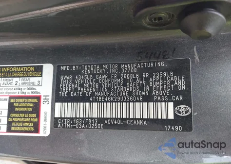 2009 Toyota Camry Le из США, поврежденный, VIN 4T1BE46K29U336048
